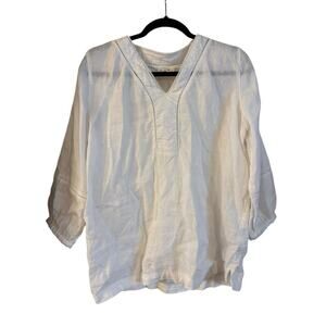 Joie Womens 100% Linen White Tunic Blouse Shirt 3/4 Sleeve Medium Ladder Lace